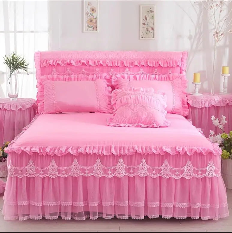Ropa de cama de princesa de encaje de estilo coreano, faldas de cama, fundas de almohada, 100% de algodón, colchas Beige, funda de cama, textiles para el hogar de Color sólido