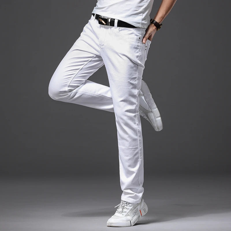 Pantalones vaqueros blancos para hombre, moda informal, estilo clásico, ajustados, suaves, pantalones elásticos avanzados de marca masculina