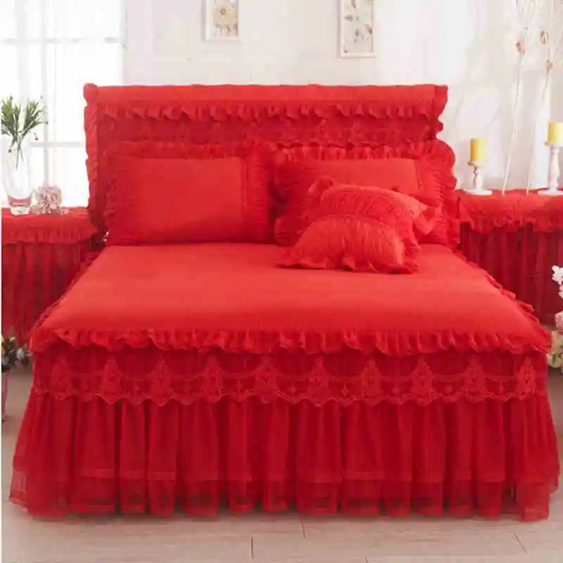 Ropa de cama de princesa de encaje de estilo coreano, faldas de cama, fundas de almohada, 100% de algodón, colchas Beige, funda de cama, textiles para el hogar de Color sólido