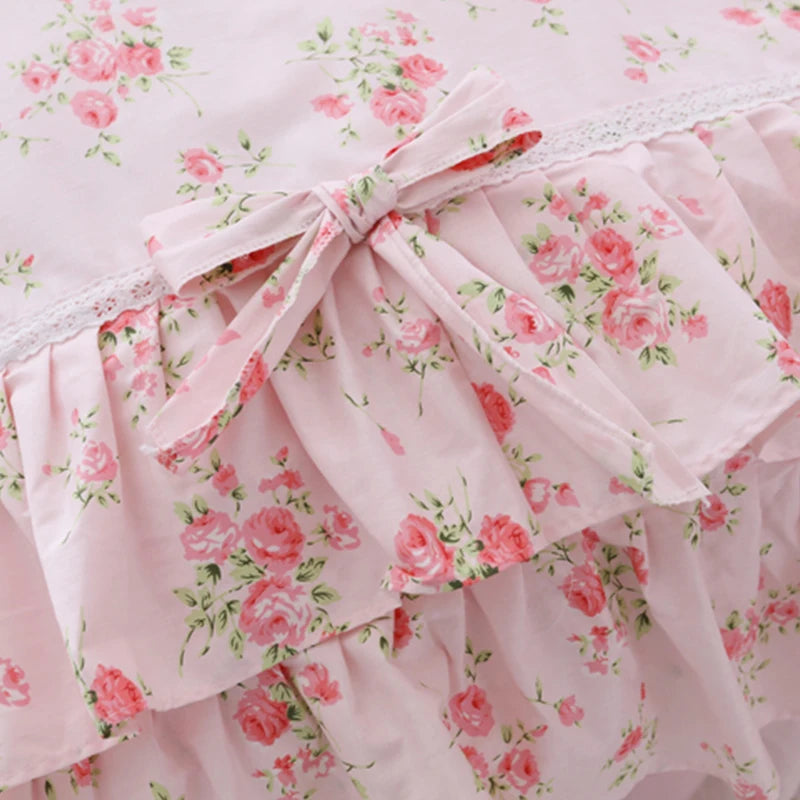 Juego de ropa de cama con estampado Floral para niñas, edredón con volantes de encaje, colcha, falda de cama, 100% algodón