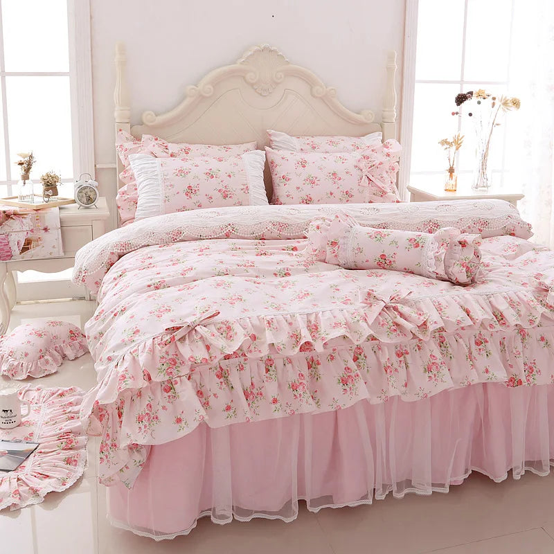 Juego de ropa de cama con estampado Floral para niñas, edredón con volantes de encaje, colcha, falda de cama, 100% algodón
