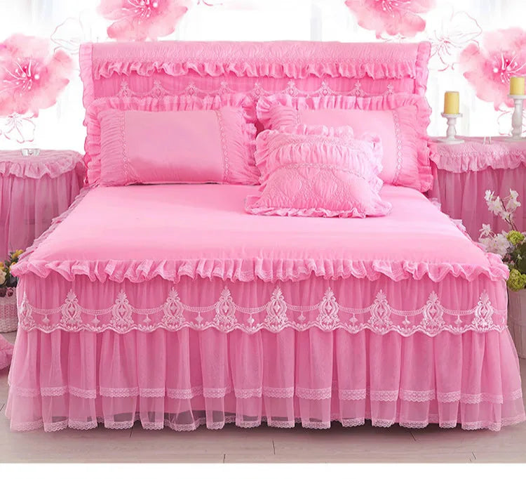 Ropa de cama de princesa de encaje de estilo coreano, faldas de cama, fundas de almohada, 100% de algodón, colchas Beige, funda de cama, textiles para el hogar de Color sólido
