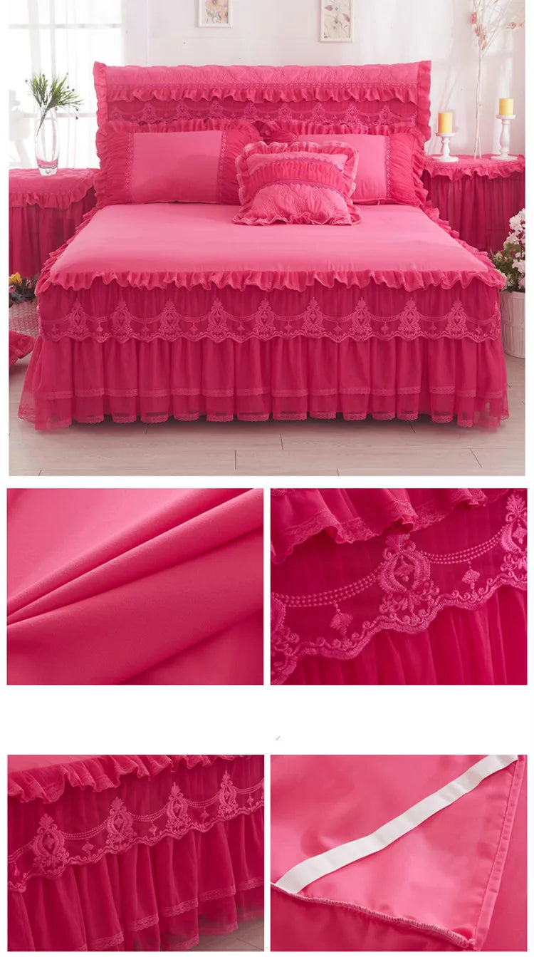 Ropa de cama de princesa de encaje de estilo coreano, faldas de cama, fundas de almohada, 100% de algodón, colchas Beige, funda de cama, textiles para el hogar de Color sólido