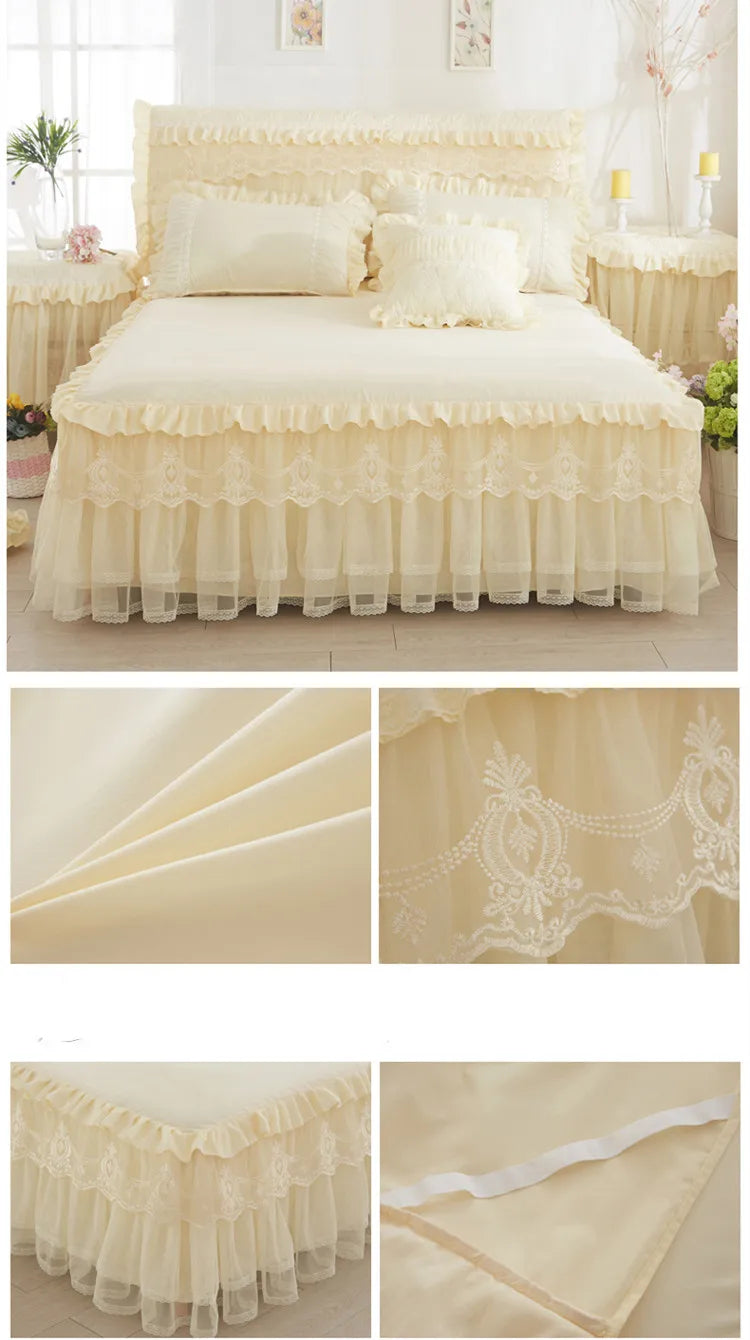 Ropa de cama de princesa de encaje de estilo coreano, faldas de cama, fundas de almohada, 100% de algodón, colchas Beige, funda de cama, textiles para el hogar de Color sólido