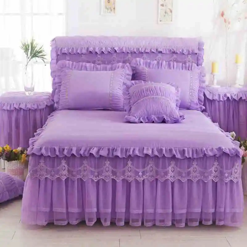 Ropa de cama de princesa de encaje de estilo coreano, faldas de cama, fundas de almohada, 100% de algodón, colchas Beige, funda de cama, textiles para el hogar de Color sólido