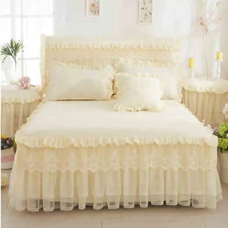 Ropa de cama de princesa de encaje de estilo coreano, faldas de cama, fundas de almohada, 100% de algodón, colchas Beige, funda de cama, textiles para el hogar de Color sólido