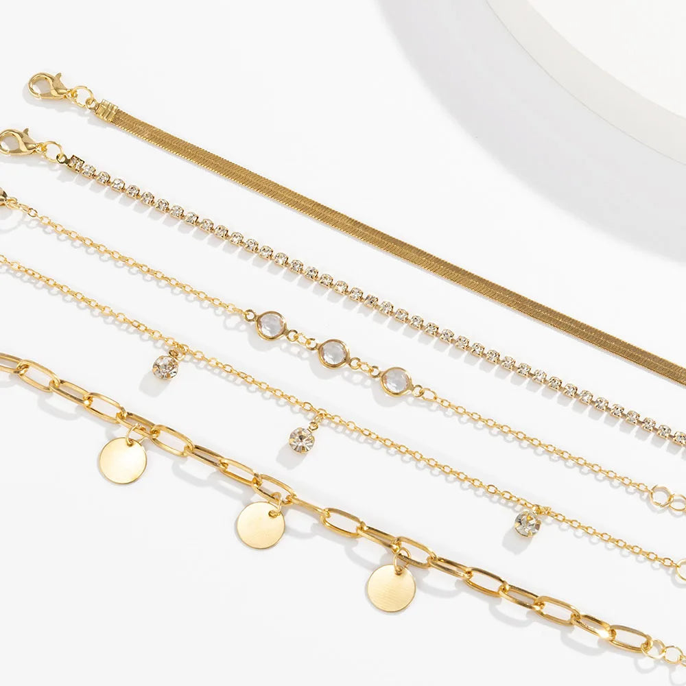 Conjunto de pulsera con colgante de lentejuelas y diamantes de imitación, cadena de hueso de serpiente plana bohemia, pulseras de moda geométricas para mujer, combinación de joyerÃa para niña