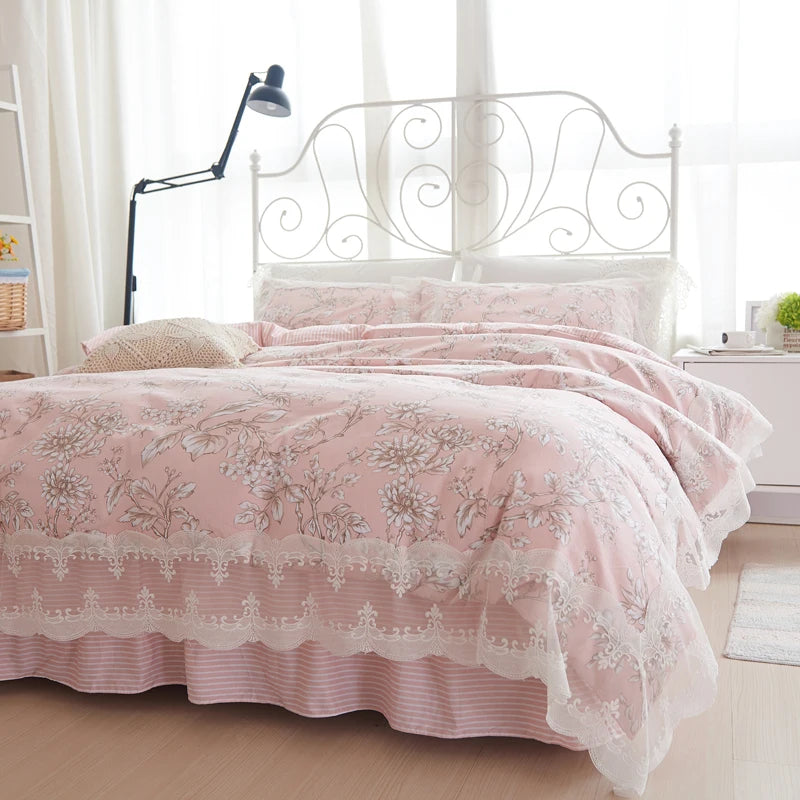Juego de ropa de cama de princesa de encaje, funda nórdica con estampado de flores, fundas de almohada de estilo coreano, 100% algodón, tamaño King y Queen