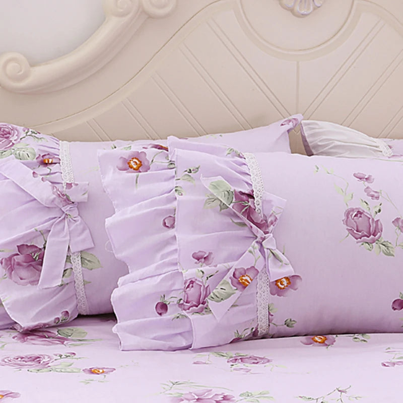 Juego de ropa de cama con estampado Floral para niñas, edredón con volantes de encaje, colcha, falda de cama, 100% algodón