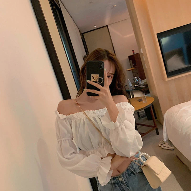 Top Sexy para mujer, blusa con hombros descubiertos, Top de manga larga de Color sólido, camisa blanca, manga abombada, Túnica con volantes, Top corto de tubo de verano