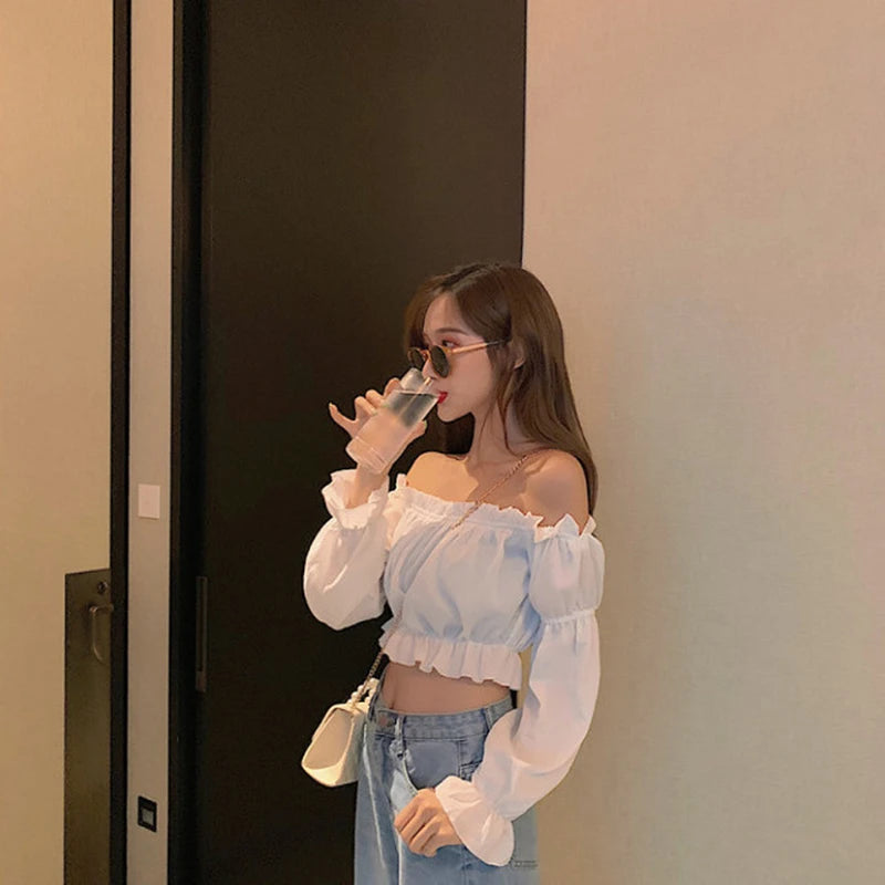 Top Sexy para mujer, blusa con hombros descubiertos, Top de manga larga de Color sólido, camisa blanca, manga abombada, Túnica con volantes, Top corto de tubo de verano