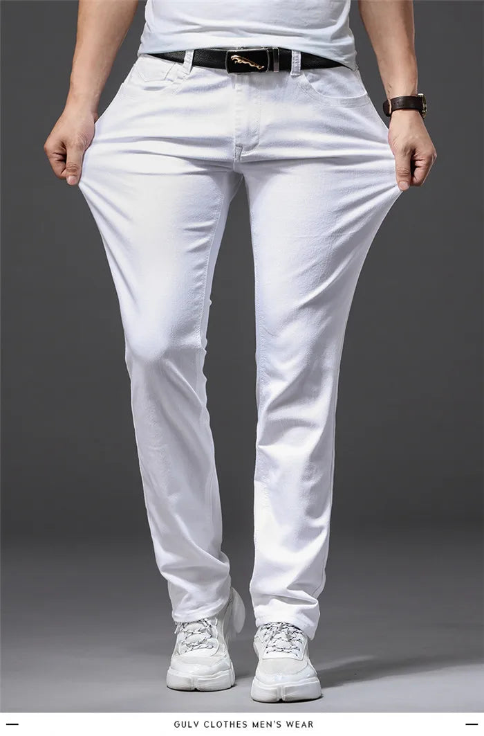 Pantalones vaqueros blancos para hombre, moda informal, estilo clásico, ajustados, suaves, pantalones elásticos avanzados de marca masculina