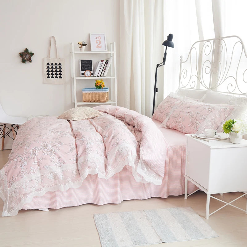 Juego de ropa de cama de princesa de encaje, funda nórdica con estampado de flores, fundas de almohada de estilo coreano, 100% algodón, tamaño King y Queen