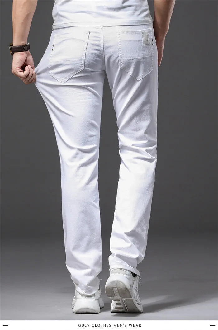 Pantalones vaqueros blancos para hombre, moda informal, estilo clásico, ajustados, suaves, pantalones elásticos avanzados de marca masculina