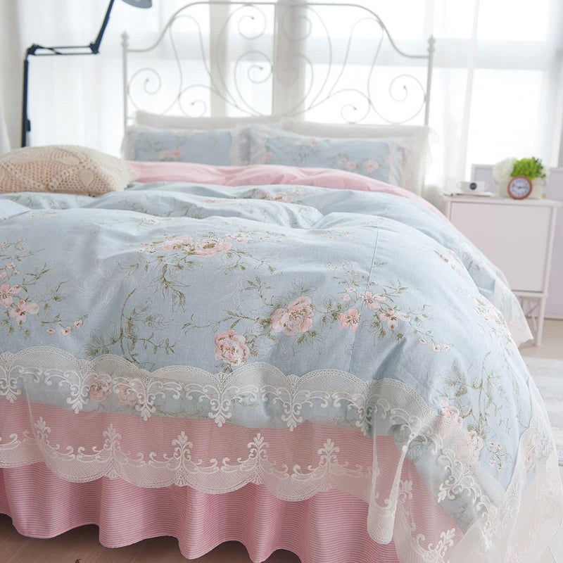 Juego de ropa de cama de princesa de encaje, funda nórdica con estampado de flores, fundas de almohada de estilo coreano, 100% algodón, tamaño King y Queen
