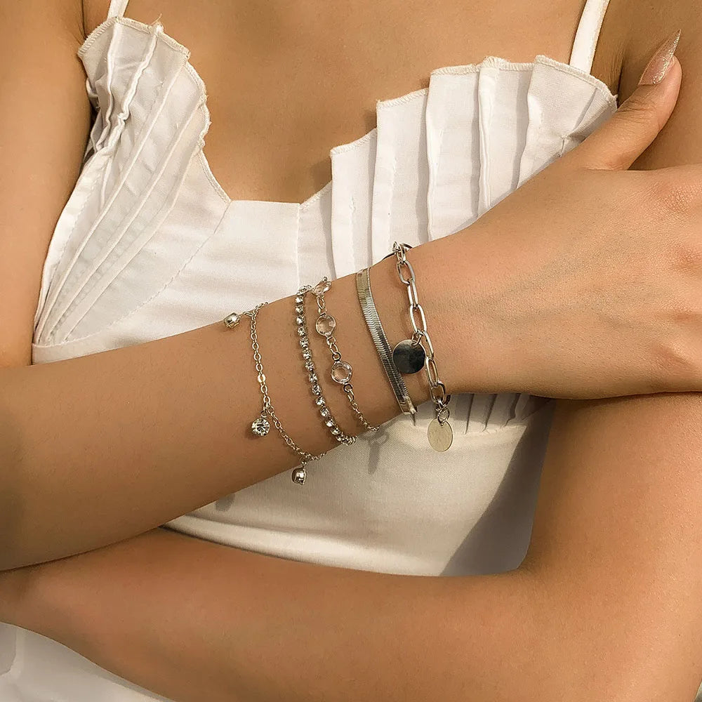 Conjunto de pulsera con colgante de lentejuelas y diamantes de imitación, cadena de hueso de serpiente plana bohemia, pulseras de moda geométricas para mujer, combinación de joyerÃa para niña