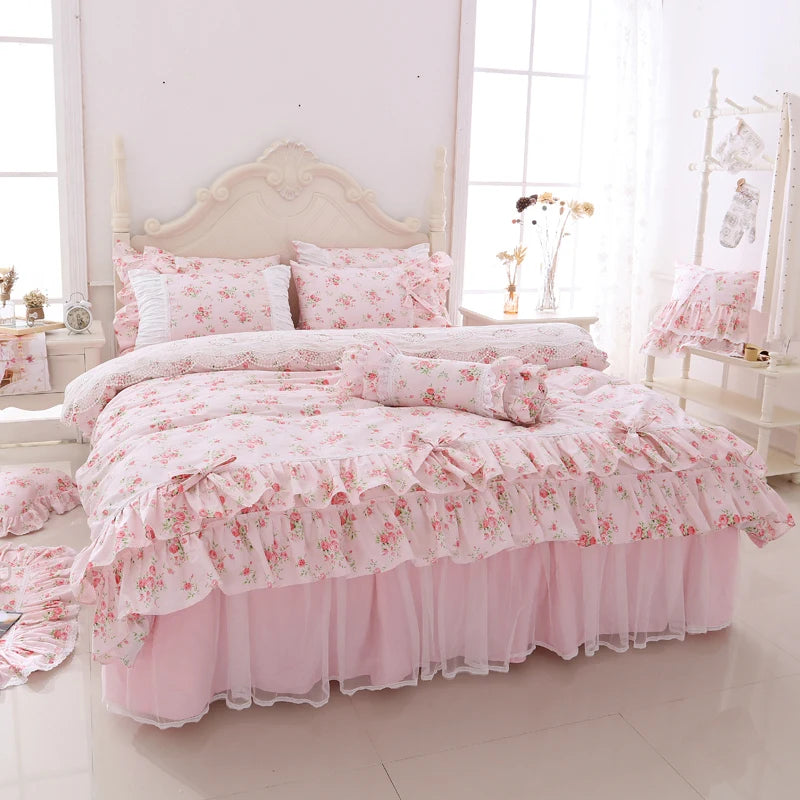 Juego de ropa de cama con estampado Floral para niñas, edredón con volantes de encaje, colcha, falda de cama, 100% algodón