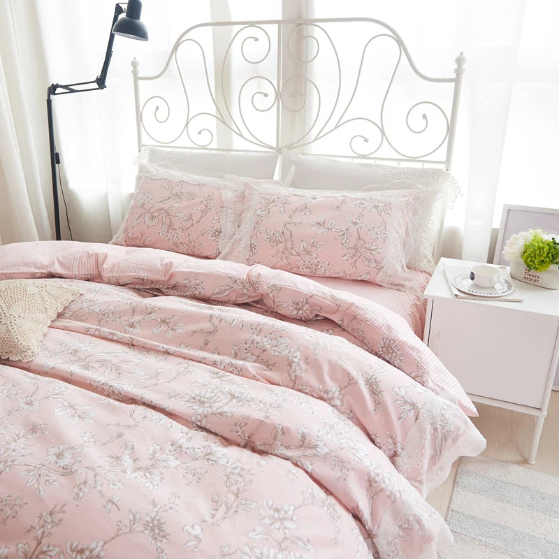 Juego de ropa de cama de princesa de encaje, funda nórdica con estampado de flores, fundas de almohada de estilo coreano, 100% algodón, tamaño King y Queen
