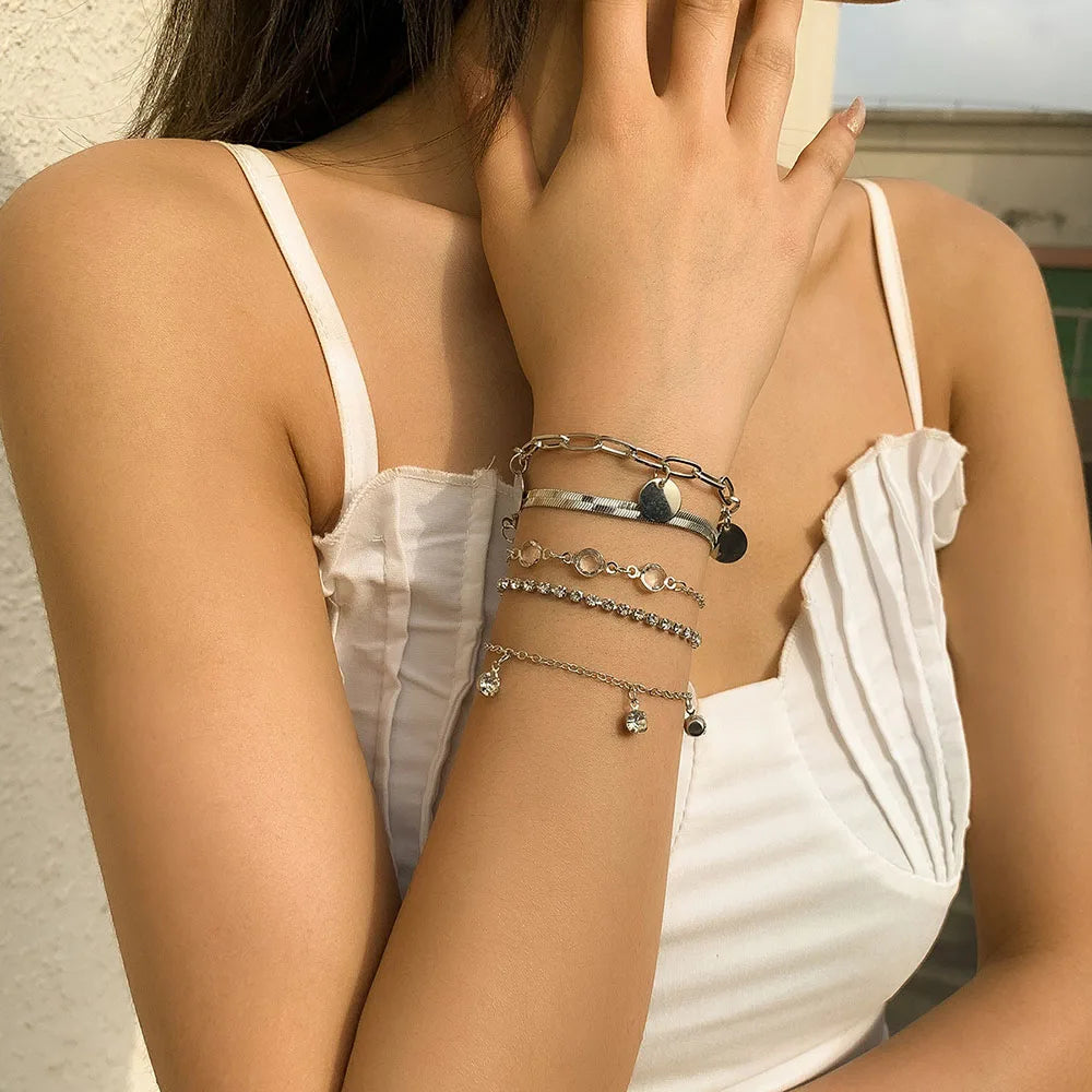 Conjunto de pulsera con colgante de lentejuelas y diamantes de imitación, cadena de hueso de serpiente plana bohemia, pulseras de moda geométricas para mujer, combinación de joyerÃa para niña