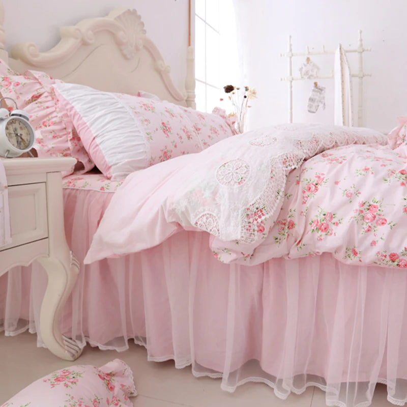 Juego de ropa de cama con estampado Floral para niñas, edredón con volantes de encaje, colcha, falda de cama, 100% algodón