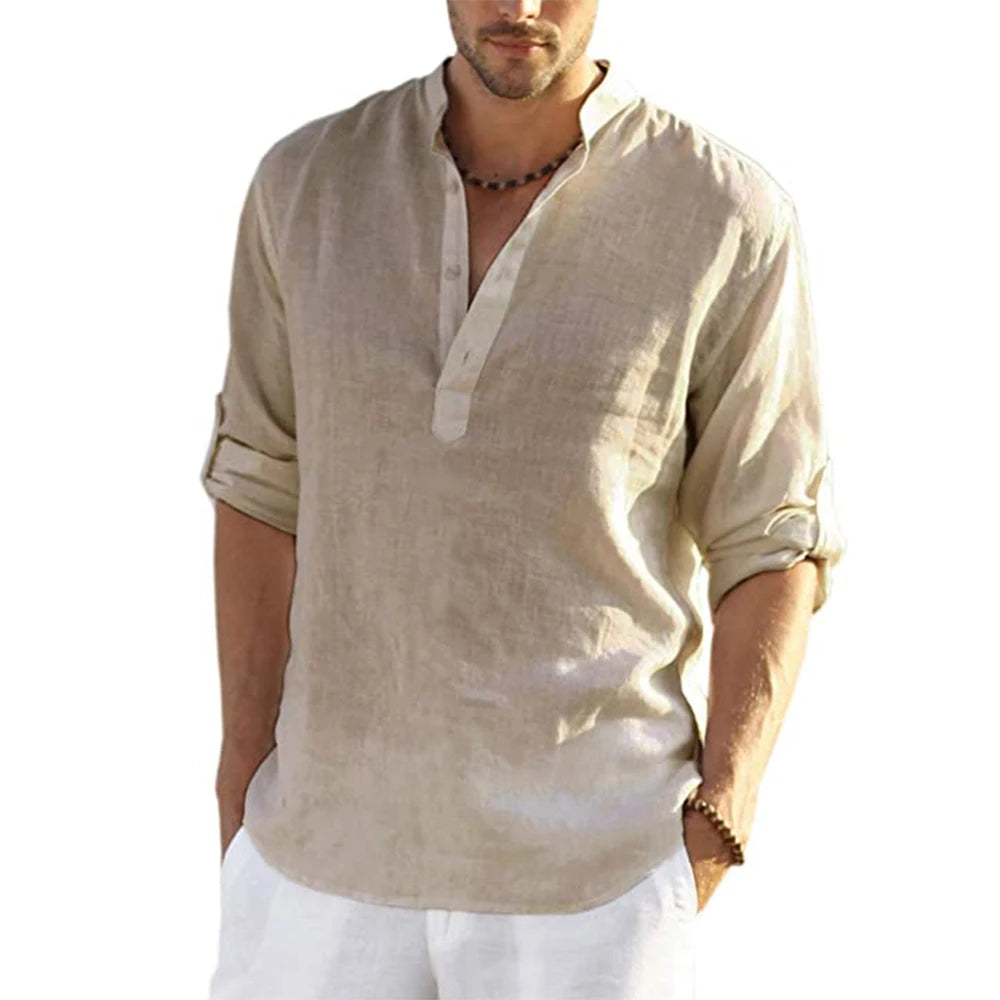 Nueva blusa informal para hombre, camisa de lino y algodón, camisetas holgadas, camiseta de manga larga, camisas informales para hombre guapo para primavera y otoño
