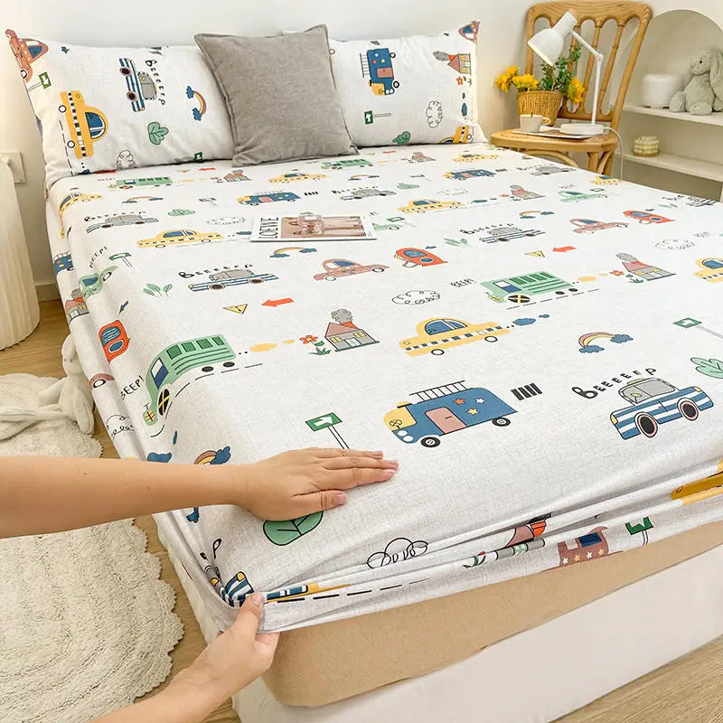 Bonenjoy-sábana bajera de algodón puro con estampado de dibujos animados de coche, funda de cama elástica, Sábana inferior individual, tamaño Queen, sin funda de almohada, 1 unidad