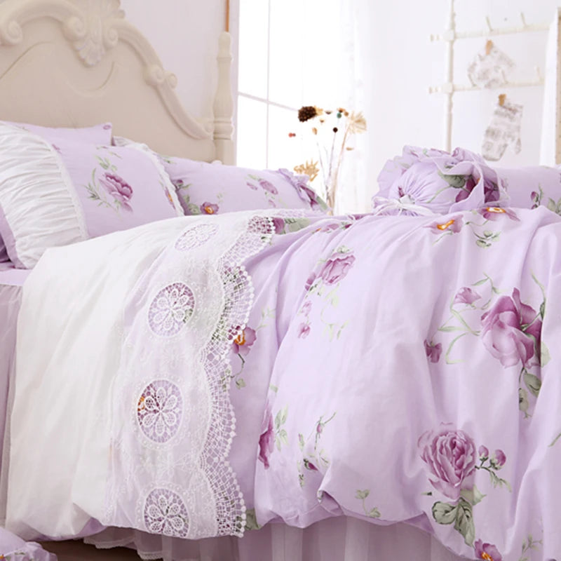 Juego de ropa de cama con estampado Floral para niñas, edredón con volantes de encaje, colcha, falda de cama, 100% algodón