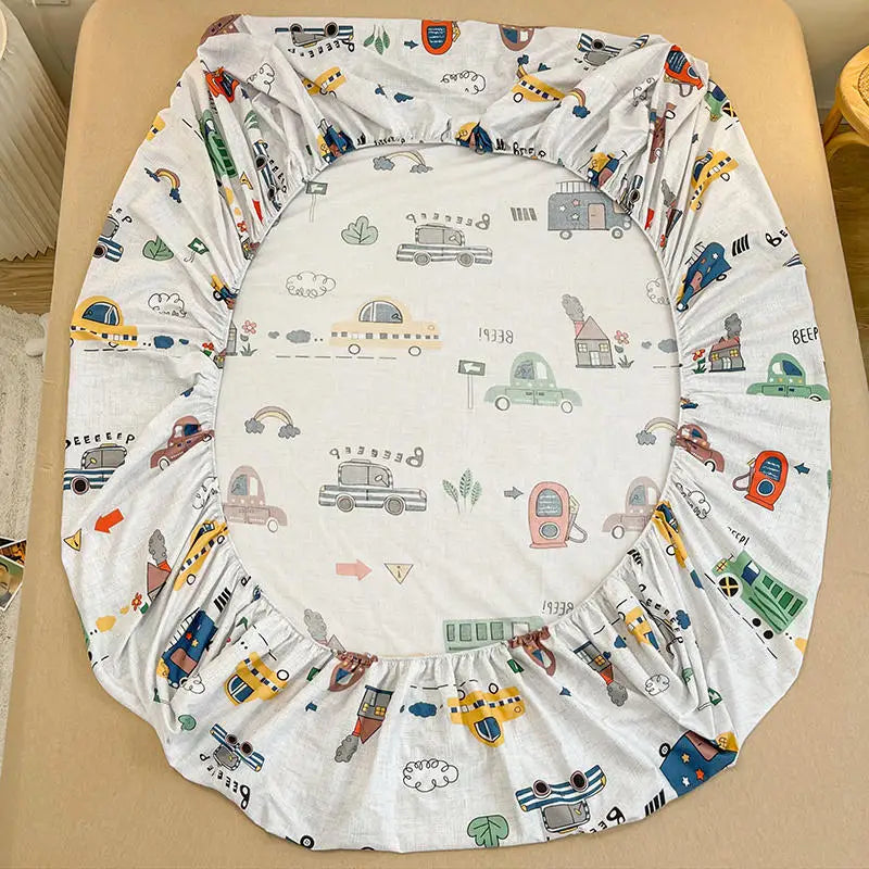 Bonenjoy-sábana bajera de algodón puro con estampado de dibujos animados de coche, funda de cama elástica, Sábana inferior individual, tamaño Queen, sin funda de almohada, 1 unidad