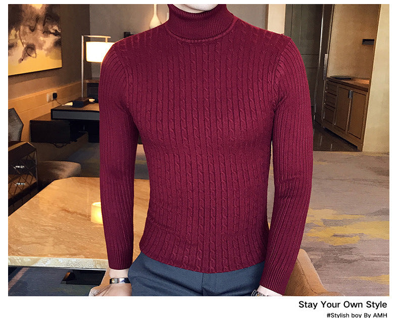 Otoño Invierno jerseys de cuello alto cálido Color sólido suéter de los hombres Jersey delgado hombres suéteres de punto camisa de fondo