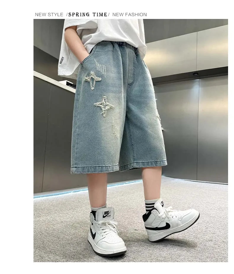 Boy Star Jeans 2025 Verano Nuevo Producto Moda Niños Denim Pantalones medios Pantalones cortos casuales para niños 5-15 años