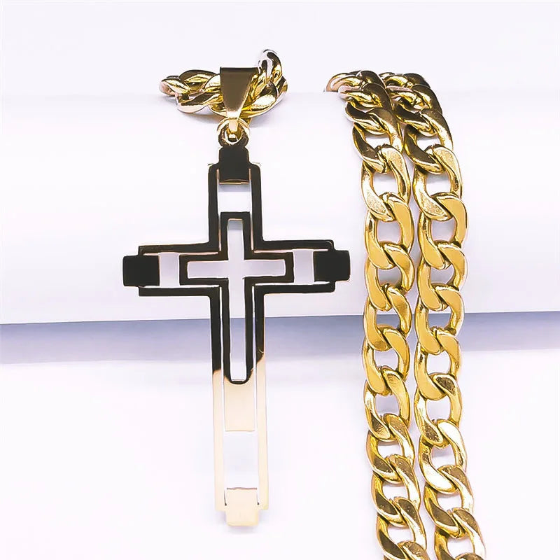 Collares de cadena de acero inoxidable con cruz de Hip Hop, collar con colgante largo de Color dorado para mujeres/hombres, joyerÃÂa para hombre N6055S05 2024