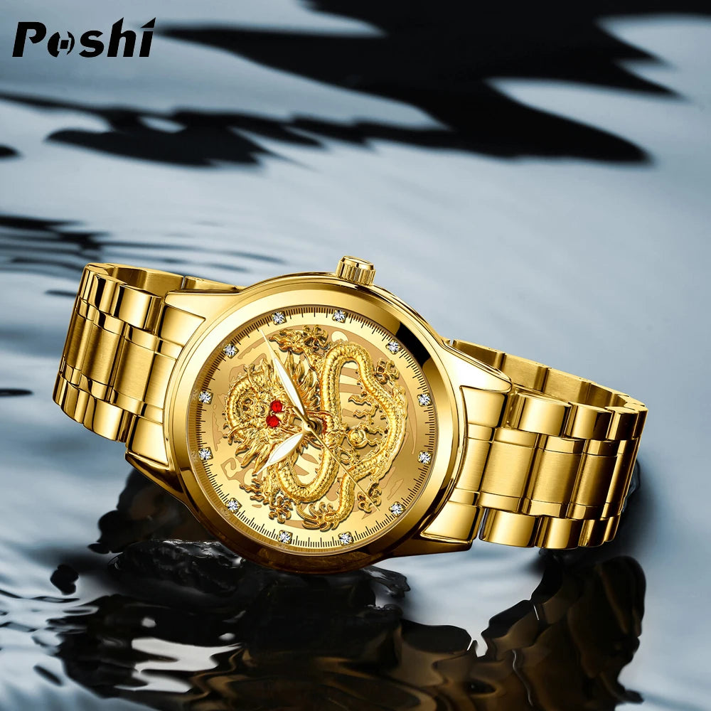 POSHI-reloj de cuarzo de acero inoxidable para hombre, cronógrafo de lujo con diseño Original de dragón dorado, resistente al agua