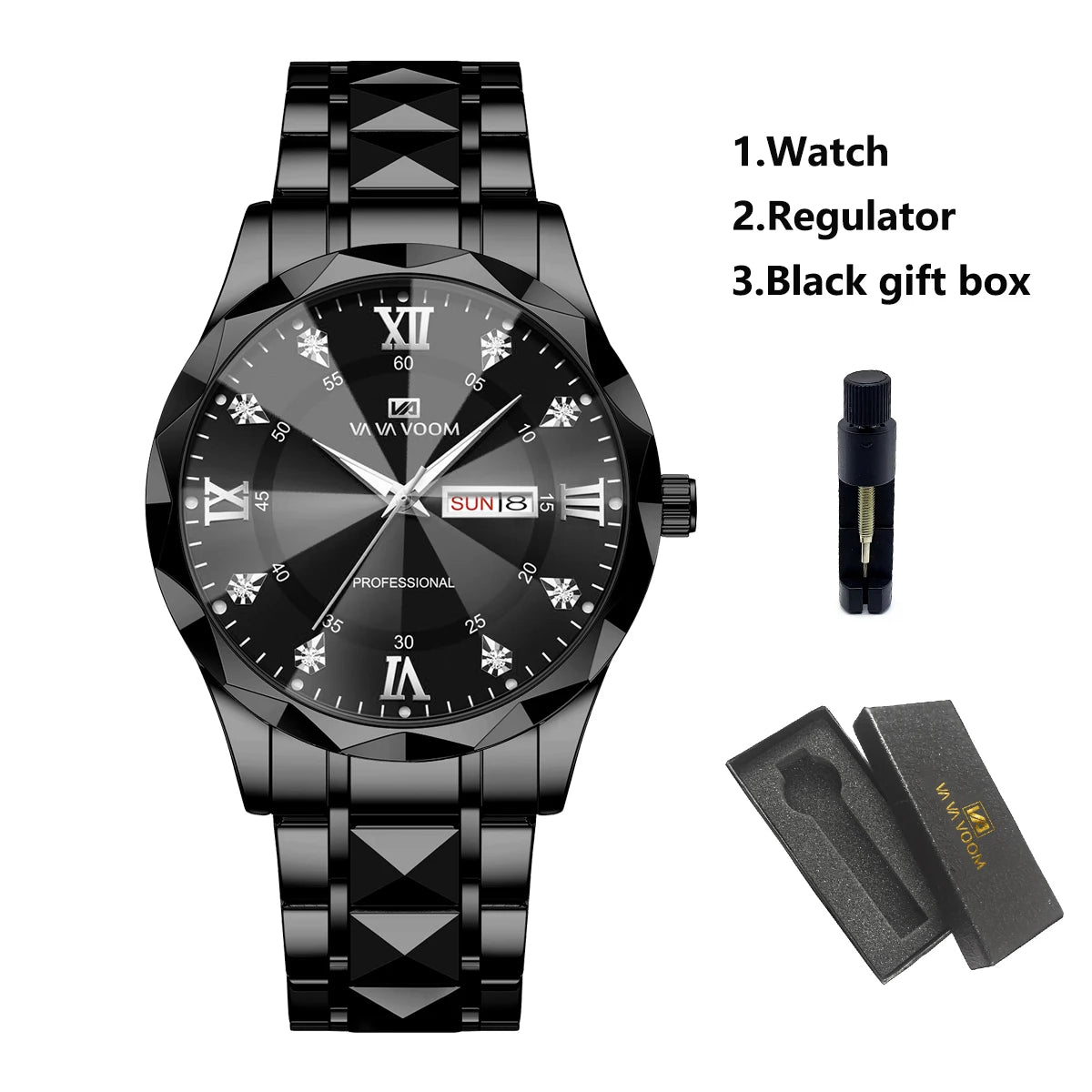 Reloj para hombre con diamantes de agua, lujo, brillo nocturno, doble calendario, movimiento de cuarzo, 41mm, oro azul, acero inoxidable, reloj de negocios de moda