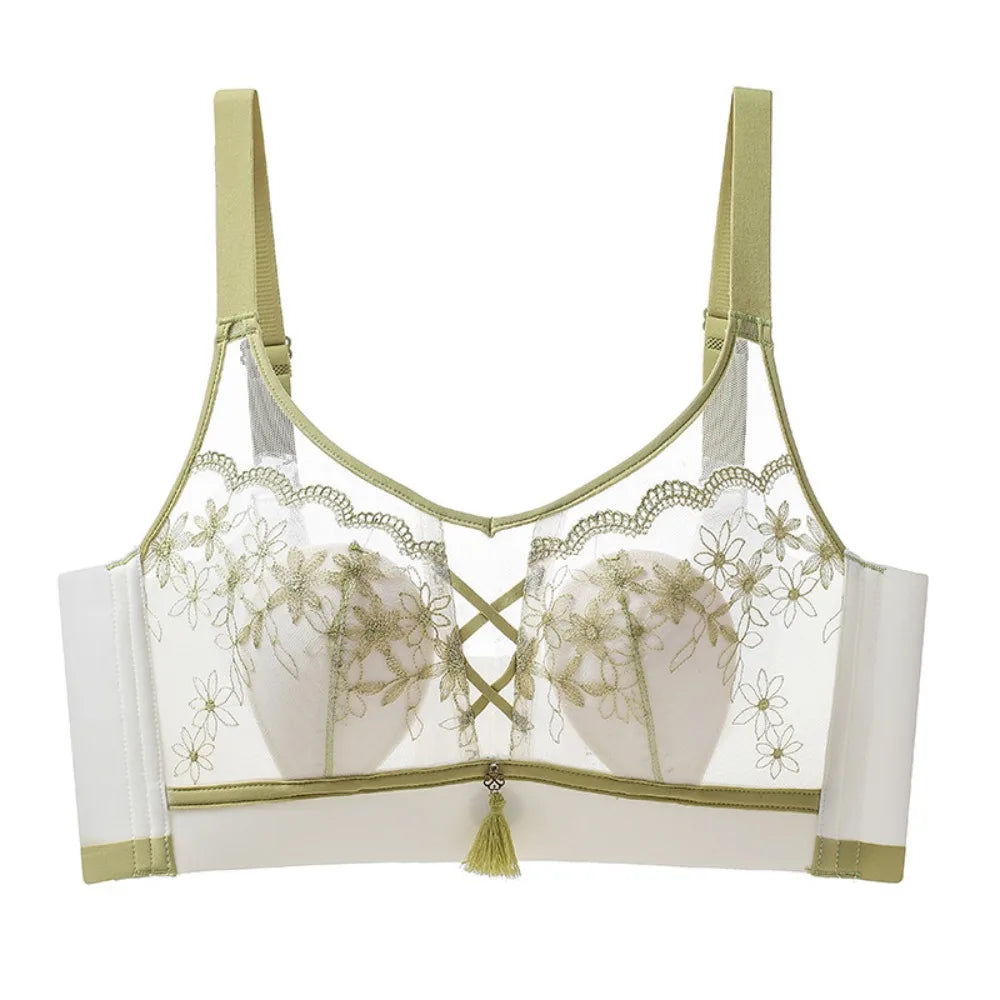 Sujetador de encaje con borlas y pechos recogidos para mujer, sujetador de malla fino a prueba de golpes, sin costuras, lencería transparente, ropa interior push-up