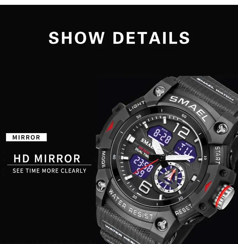 SMAEL-reloj deportivo militar para hombre, cronómetro con alarma, luz trasera Digital LED, pantalla de hora Dual, resistente al agua, 8007