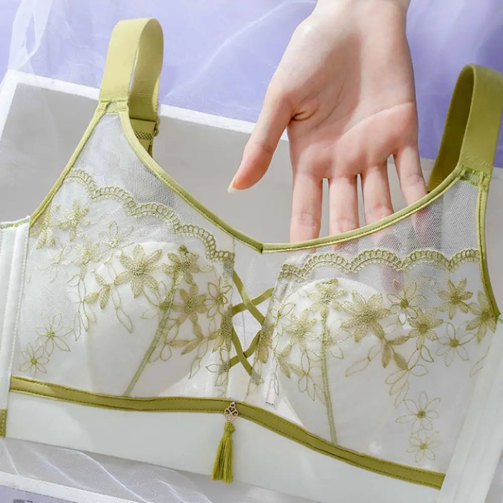 Sujetador de encaje con borlas y pechos recogidos para mujer, sujetador de malla fino a prueba de golpes, sin costuras, lencería transparente, ropa interior push-up