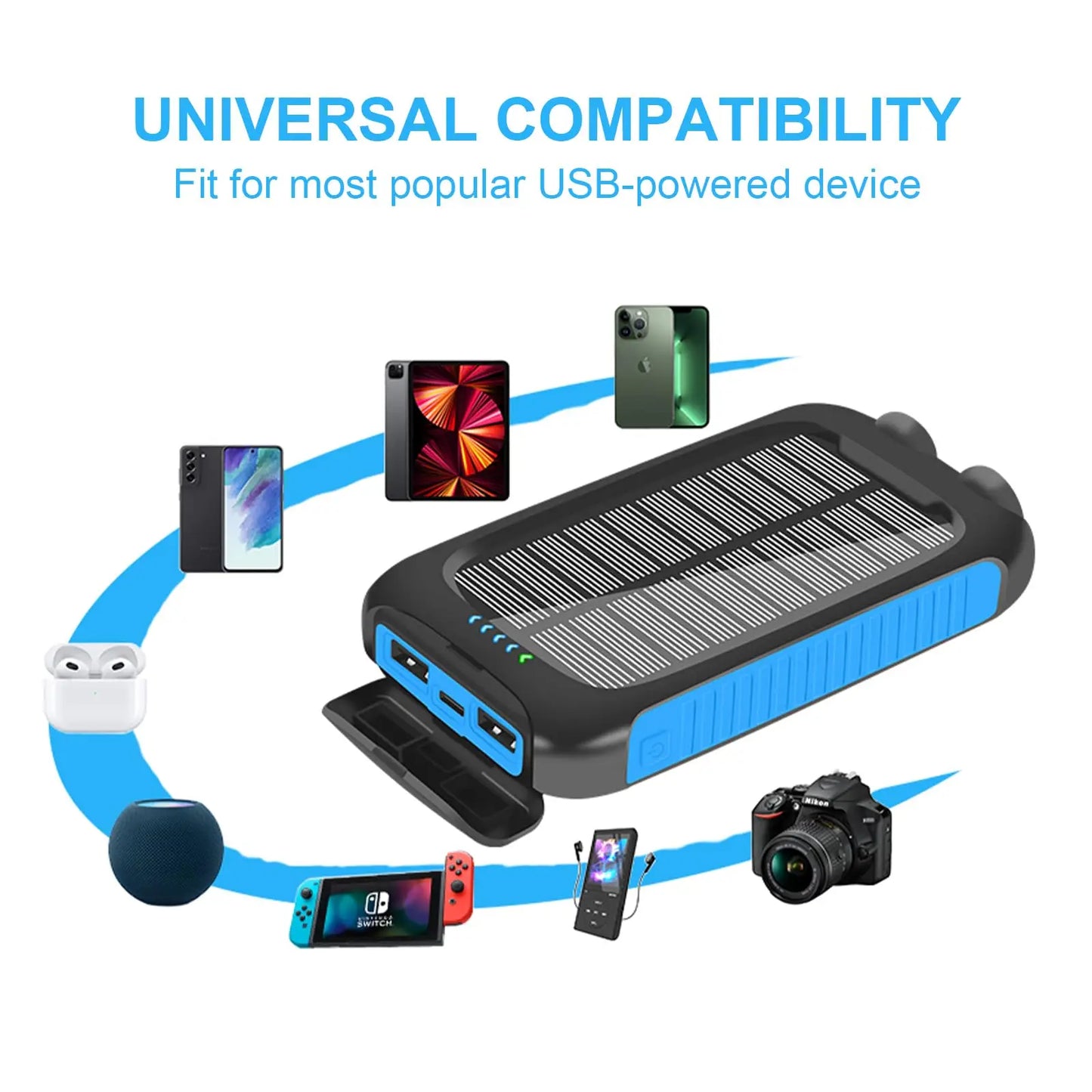 Banco de energÃa Solar de 10000mAh, portátil, resistente al agua, carga rápida, USB Dual, cargador para exteriores, luz LED para acampar, senderismo y viajes