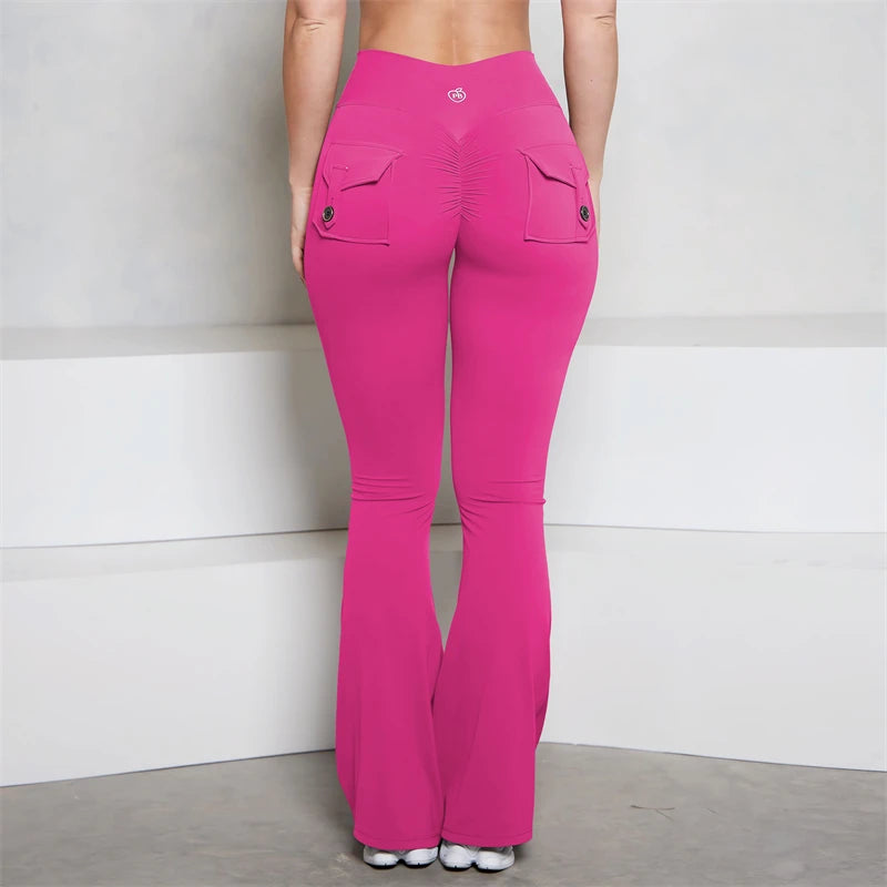 BUM gris bolsillo acampanado Scrunch Butt pantalones PB mujeres ajustado Sexy pantalones de cintura alta Push Up deporte Fitness Flare Leggings
