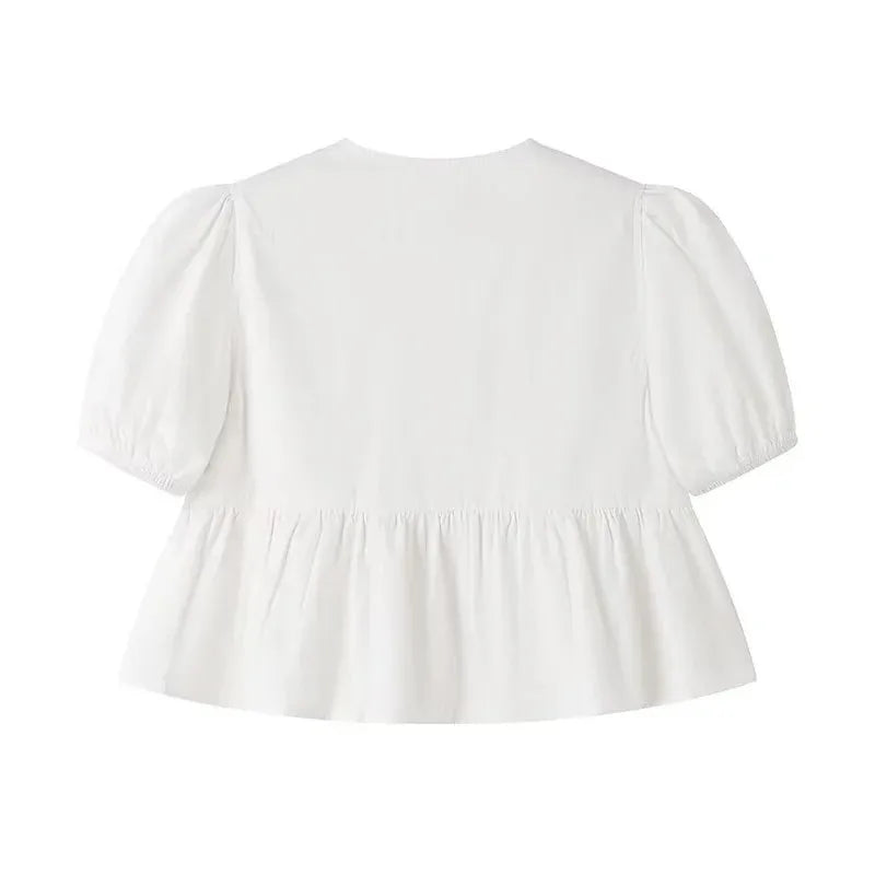 TRAF-Blusas con volantes para mujer, camisas y blusas con mangas abullonadas para mujer, Top corto fruncido blanco y negro, blusa fruncida para mujer 2024