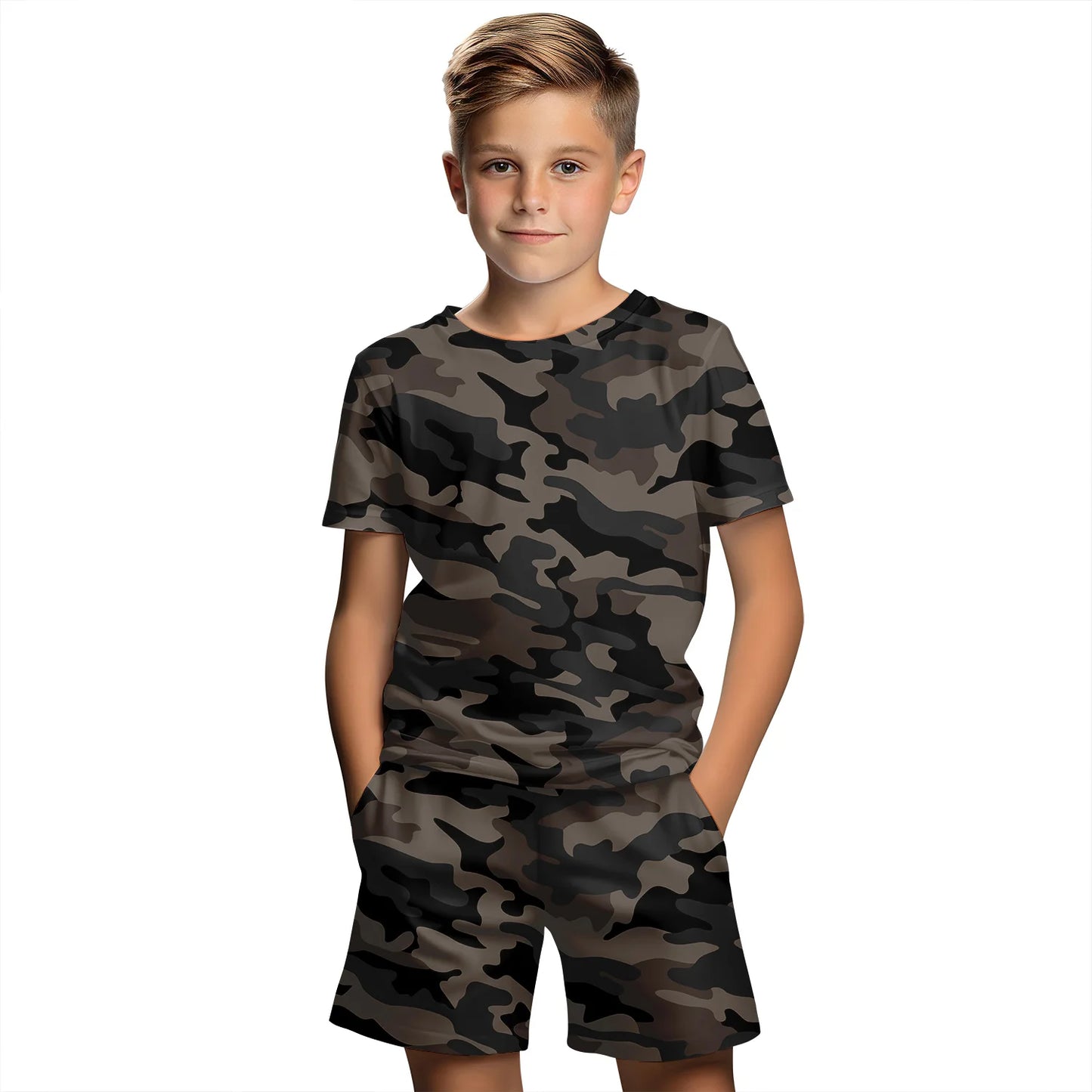 Traje de ropa para niños con estampado de camuflaje 3D, conjunto de camiseta de manga corta de verano, pantalones cortos, ropa para niño y niña, conjuntos para niños