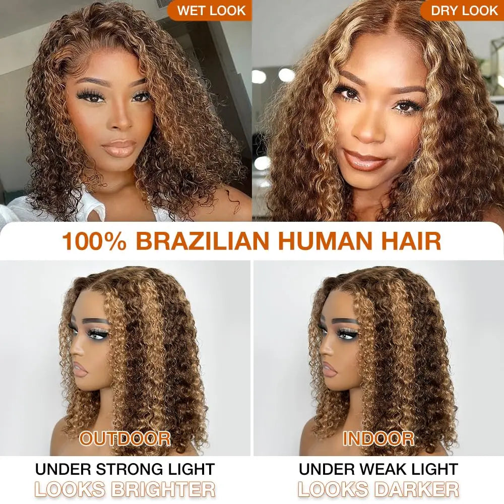 Pelucas Bob sin pegamento de color rubio miel de onda profunda, cabello humano prearrancado, precortado, desgaste y Go, pelucas rizadas, peluca con malla frontal HD ombré