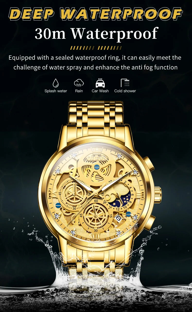 OLEVS-reloj de cuarzo para hombre, cronógrafo de marca superior de lujo, Original, resistente al agua, estilo esqueleto dorado, 24 horas, dÃÂa y noche, nuevo