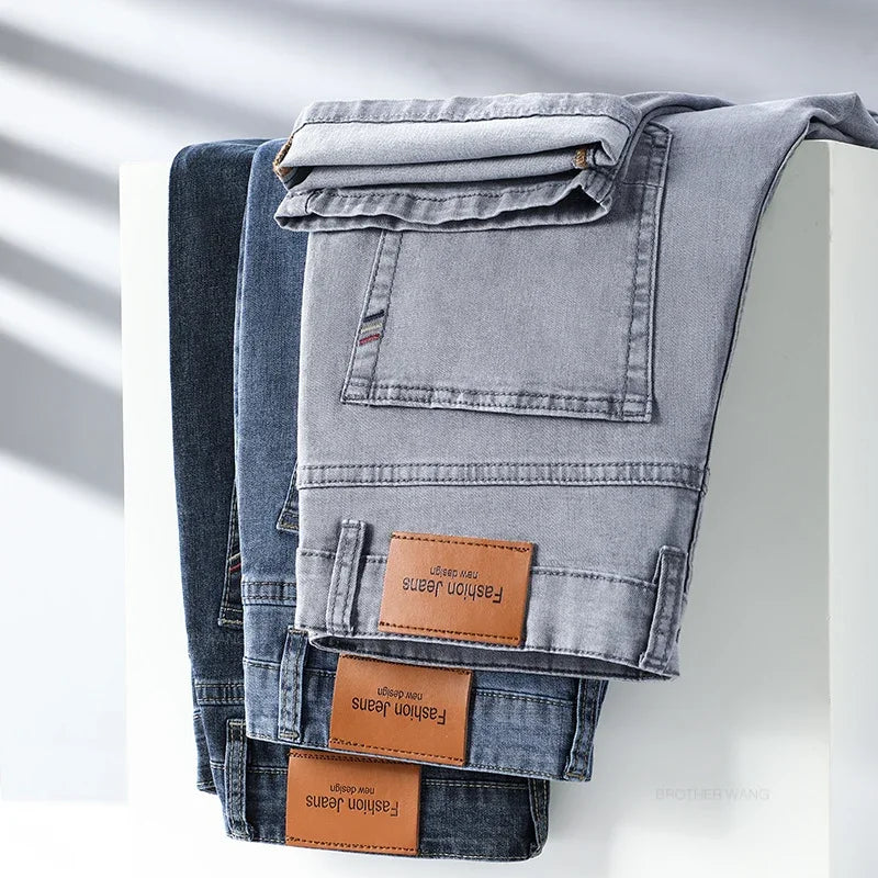 Pantalones vaqueros finos de algodón elástico para hombre, pantalón informal, recto, cómodo, color gris, a la moda, para verano