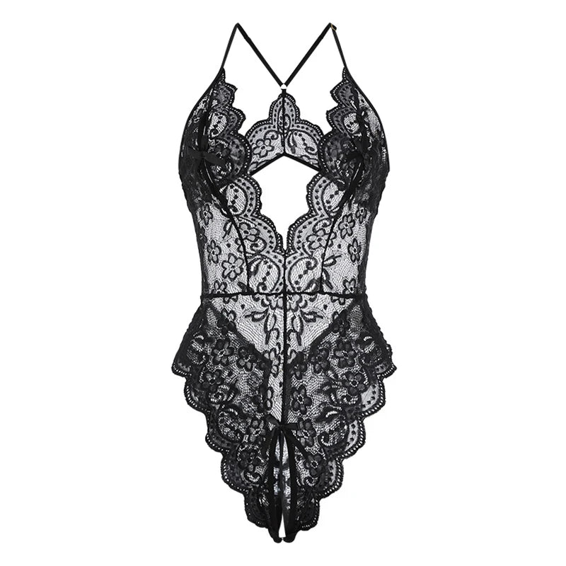 Ropa interior sin entrepierna Porno para mujer, recorte de encaje transparente, disfraces eróticos de peluche, lencerÃa Sexy, sujetador abierto en V profundo, vestido de muñeca para bebé