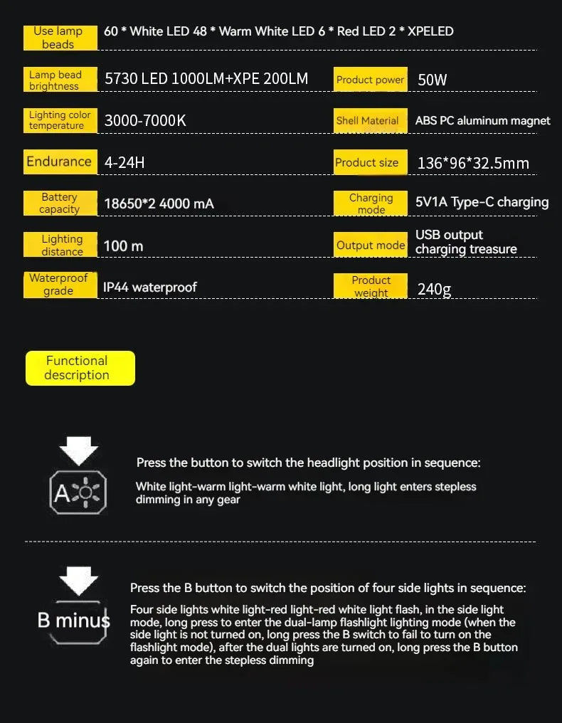 Luz LED para tienda de campaña, reflector recargable, iluminación de emergencia para exteriores de alta potencia, lámparas de noche colgantes portátiles impermeables