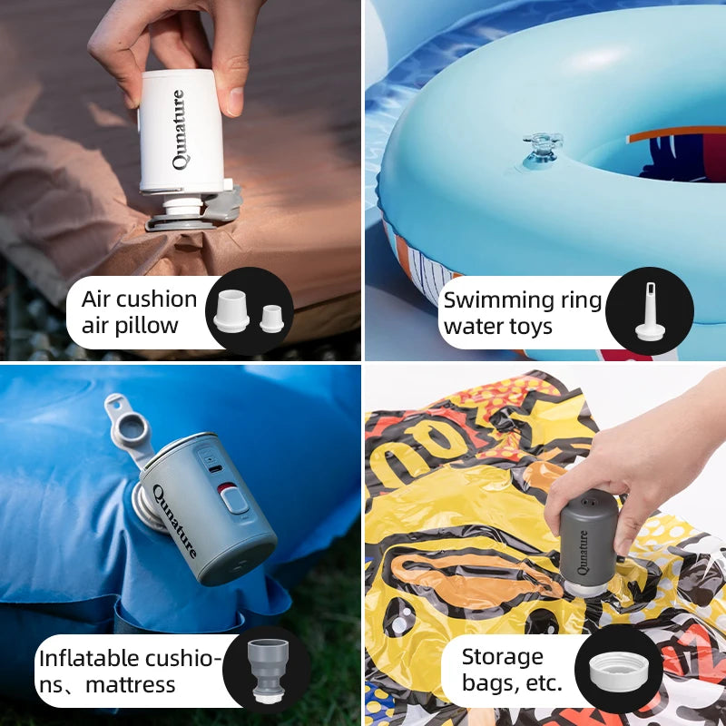 Qunature-inflador de bomba de aire eléctrica, Mini inflador de aire portátil, carga tipo C, balsa de piscina, bombas de cama de aire para acampar