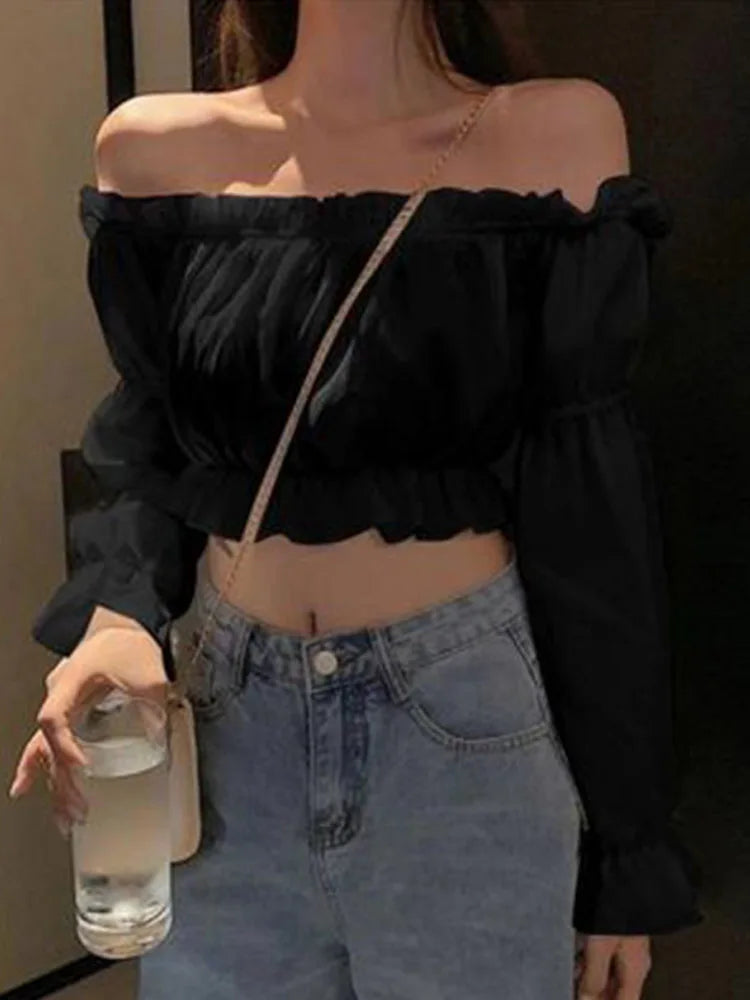 Top Sexy para mujer, blusa con hombros descubiertos, Top de manga larga de Color sólido, camisa blanca, manga abombada, Túnica con volantes, Top corto de tubo de verano