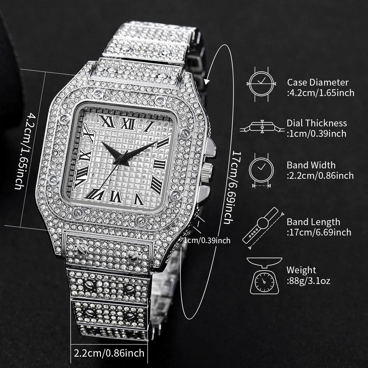 Reloj de pulsera de cuarzo para hombre y mujer, pulsera de acero inoxidable plateado con diamantes de moda, conjunto de 2 unidades