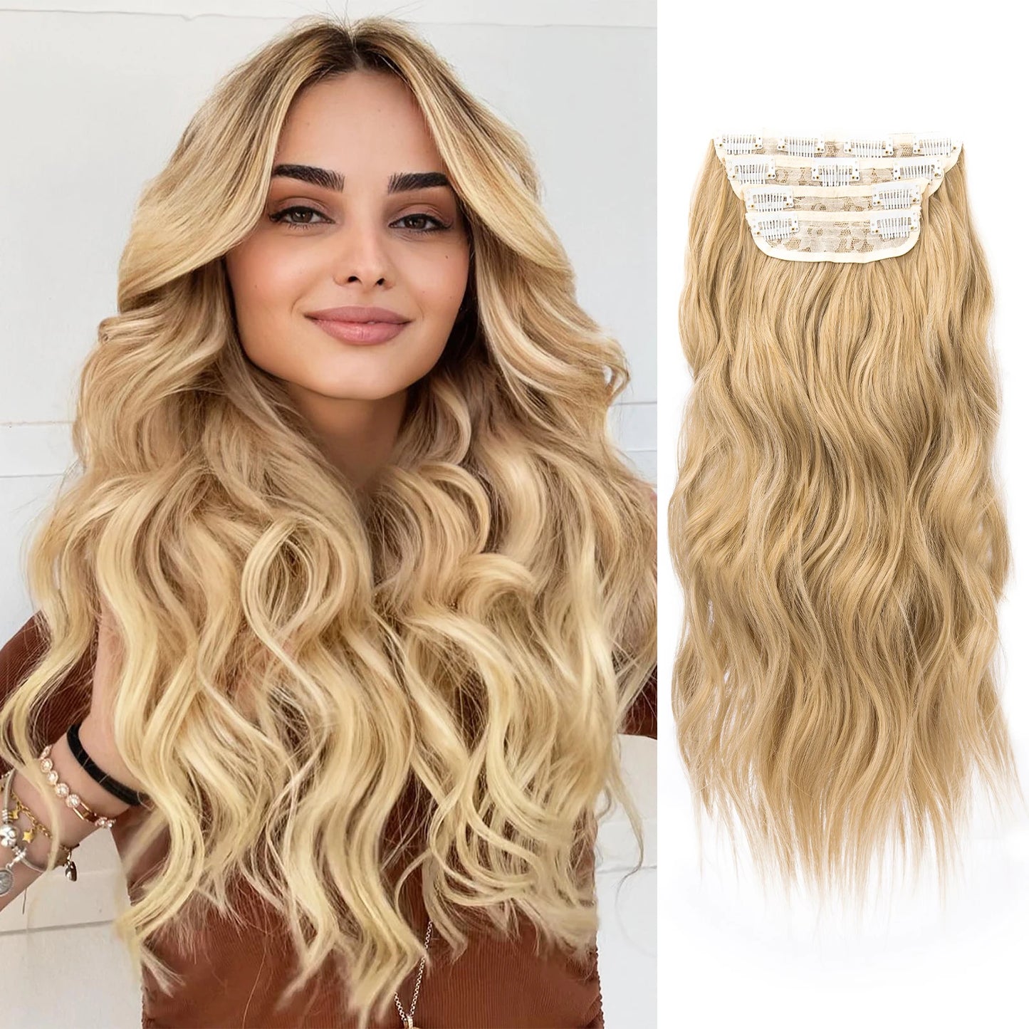 4 unids/set 20 pulgadas Clip de pelo sintético en postizos gruesos y largos ondulados para mujeres extensiones de cabello sintético de cabeza completa postizos ombré