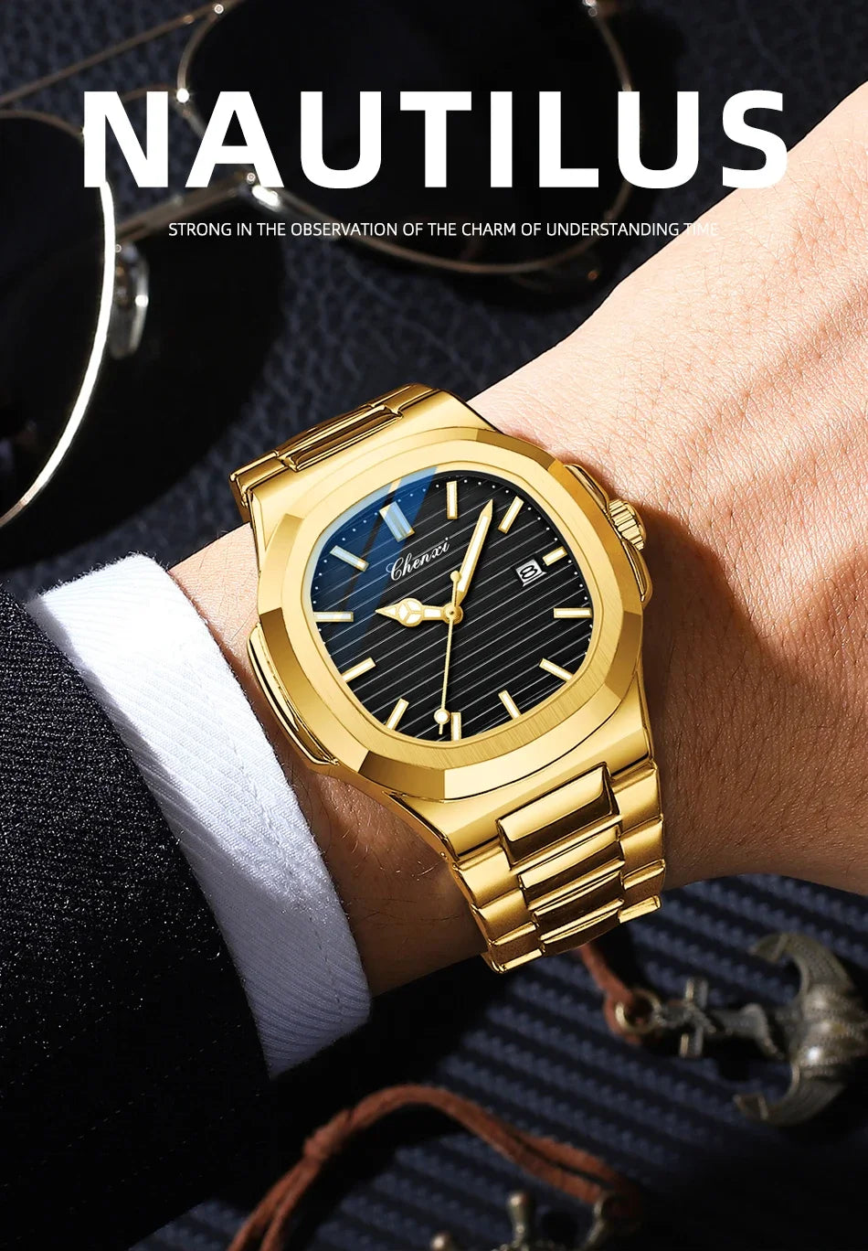 CHENXI 8222 reloj de negocios informal luminoso de acero inoxidable dorado de lujo para hombres relojes de pulsera de cuarzo de moda resistente al agua